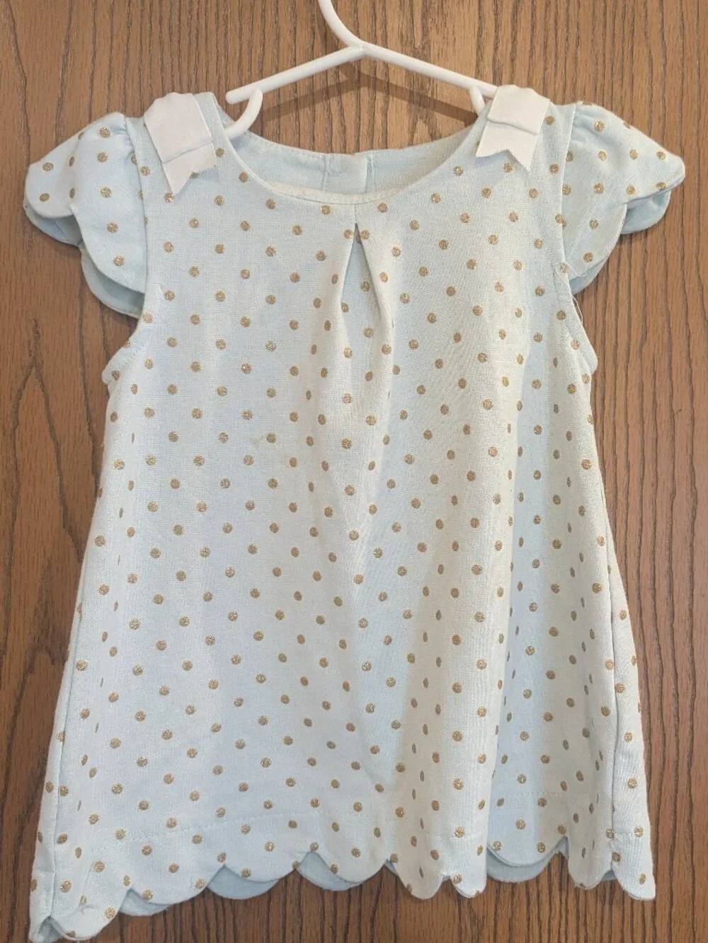 Tahari Polka Dot‎ Scalloped Hem w/ Bows Sea Foam and Gold Short Sleeve Dress-3T